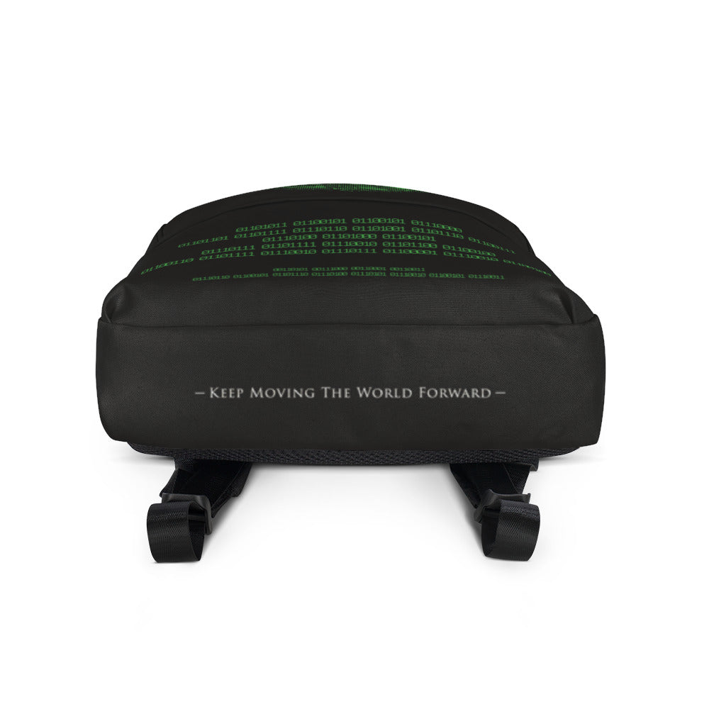Binary Instructions To Keep Moving The World Forward With Vitruvian Earth In Green on Backpack