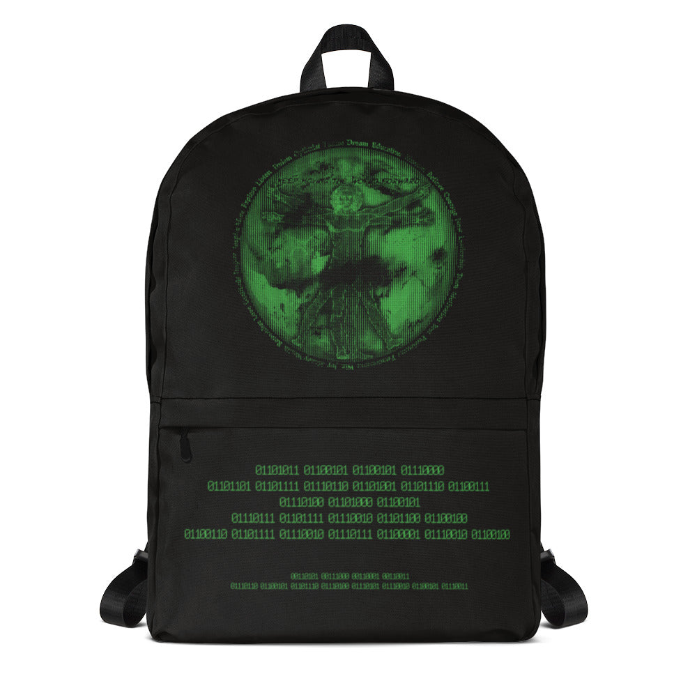 Binary Instructions To Keep Moving The World Forward With Vitruvian Earth In Green on Backpack