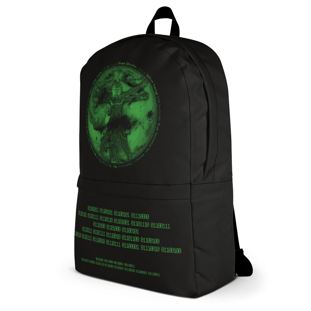 Binary Instructions To Keep Moving The World Forward With Vitruvian Earth In Green on Backpack