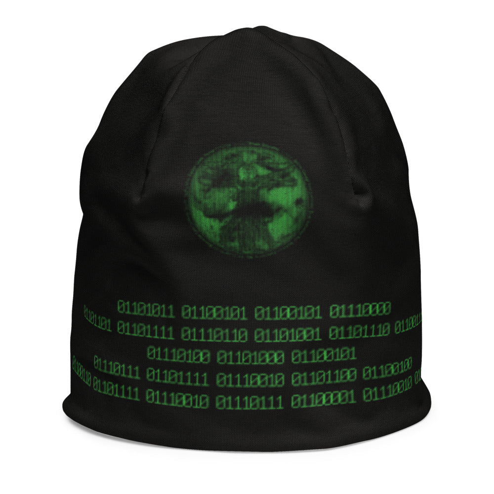 Binary Instructions To Keep Moving The World Forward With Vitruvian Earth In Green on Kids Original Beanie