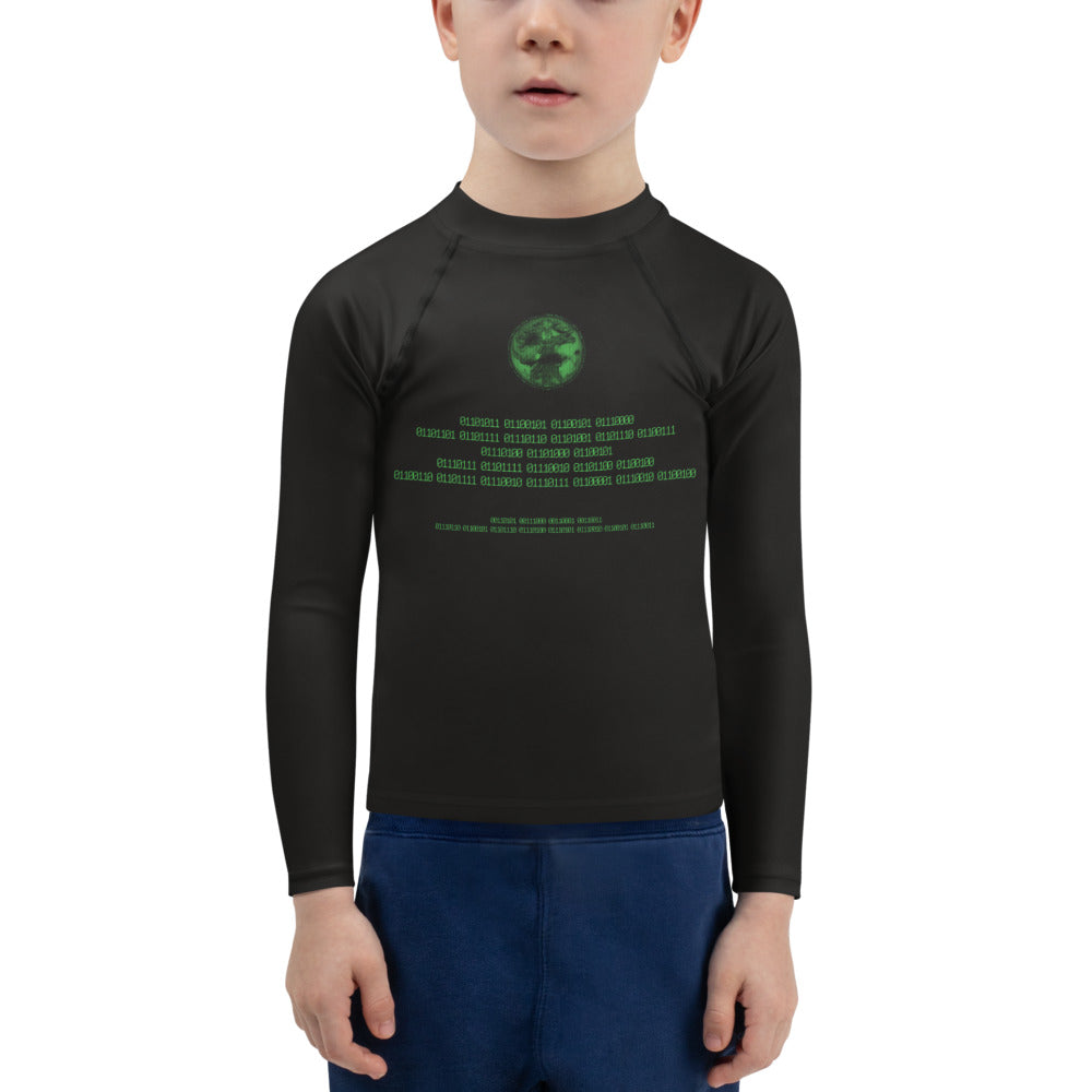 Binary Instructions To Keep Moving The World Forward With Vitruvian Earth In Green on Kids Rash Guard