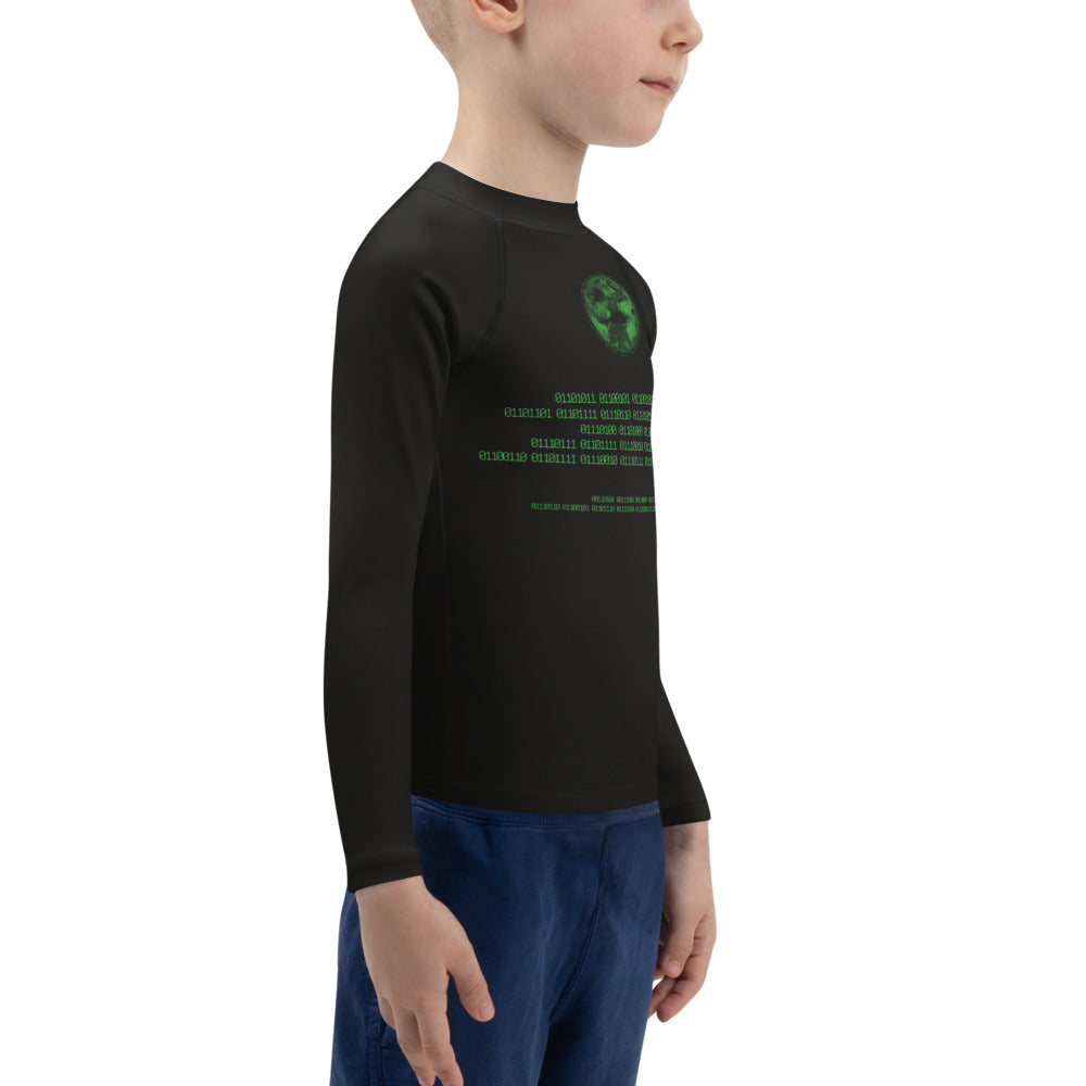 Binary Instructions To Keep Moving The World Forward With Vitruvian Earth In Green on Kids Rash Guard