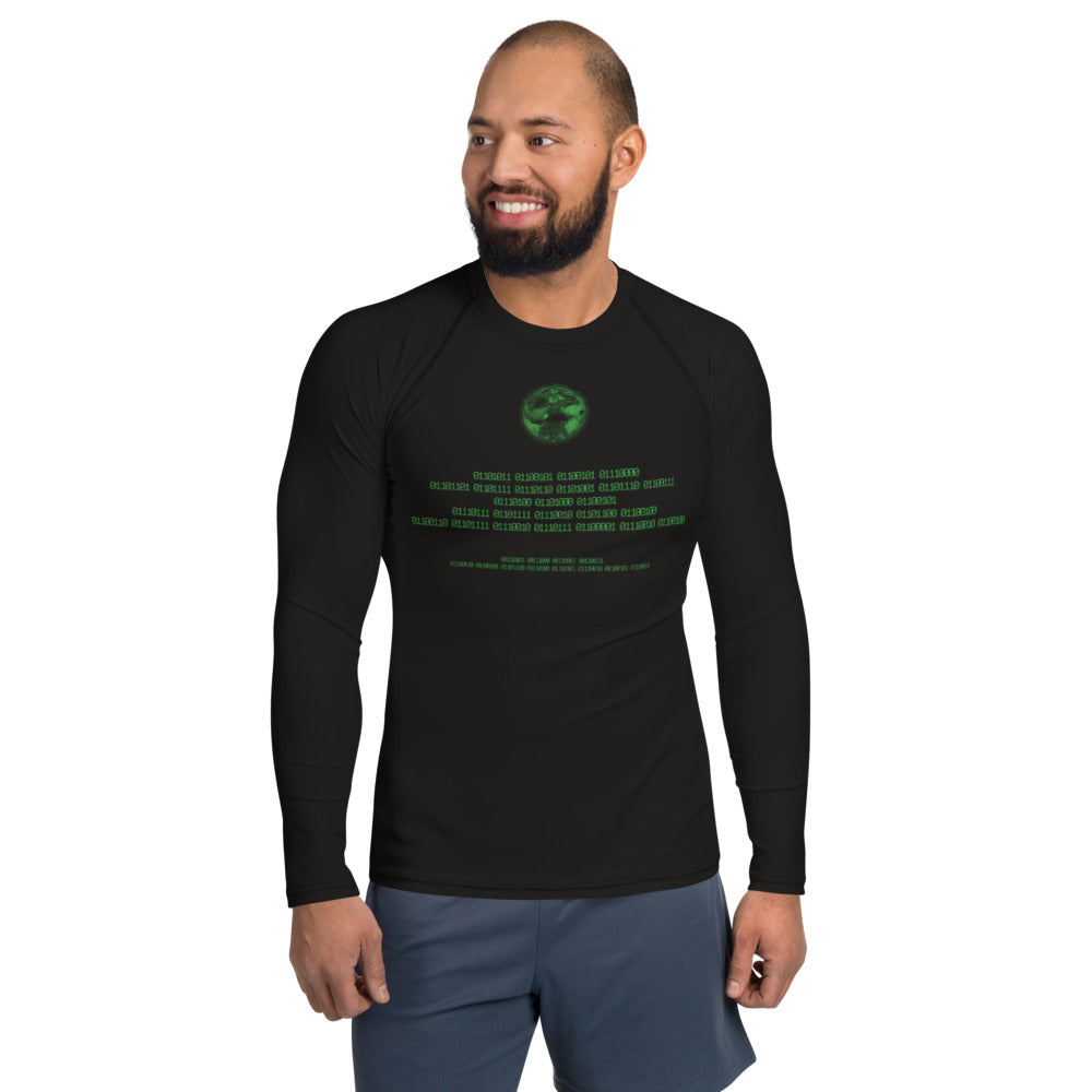 Binary Instructions To Keep Moving The World Forward With Vitruvian Earth In Green on Men's Rash Guard