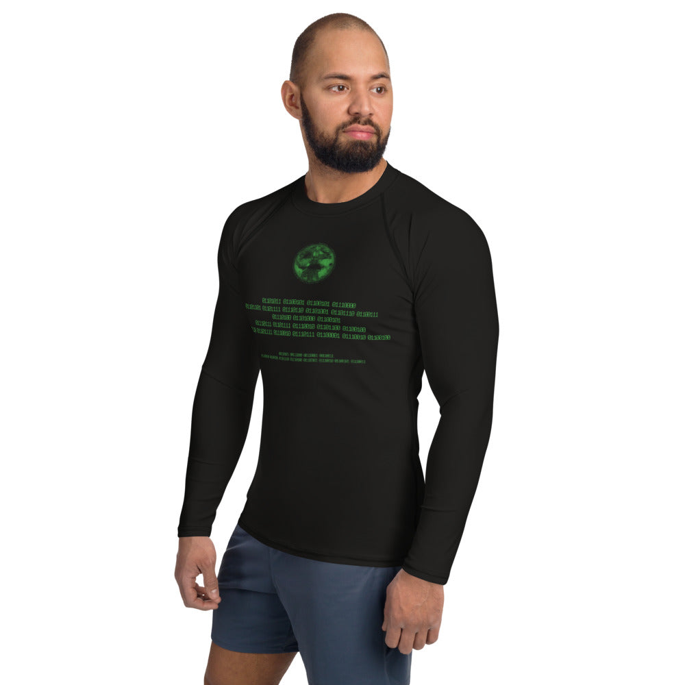 Binary Instructions To Keep Moving The World Forward With Vitruvian Earth In Green on Men's Rash Guard