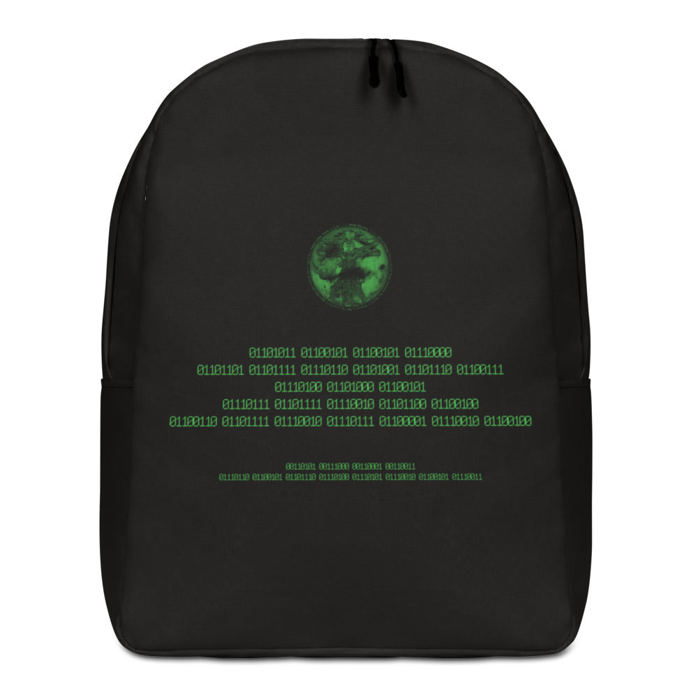 Binary Instructions To Keep Moving The World Forward With Vitruvian Earth In Green on Minimalist Backpack