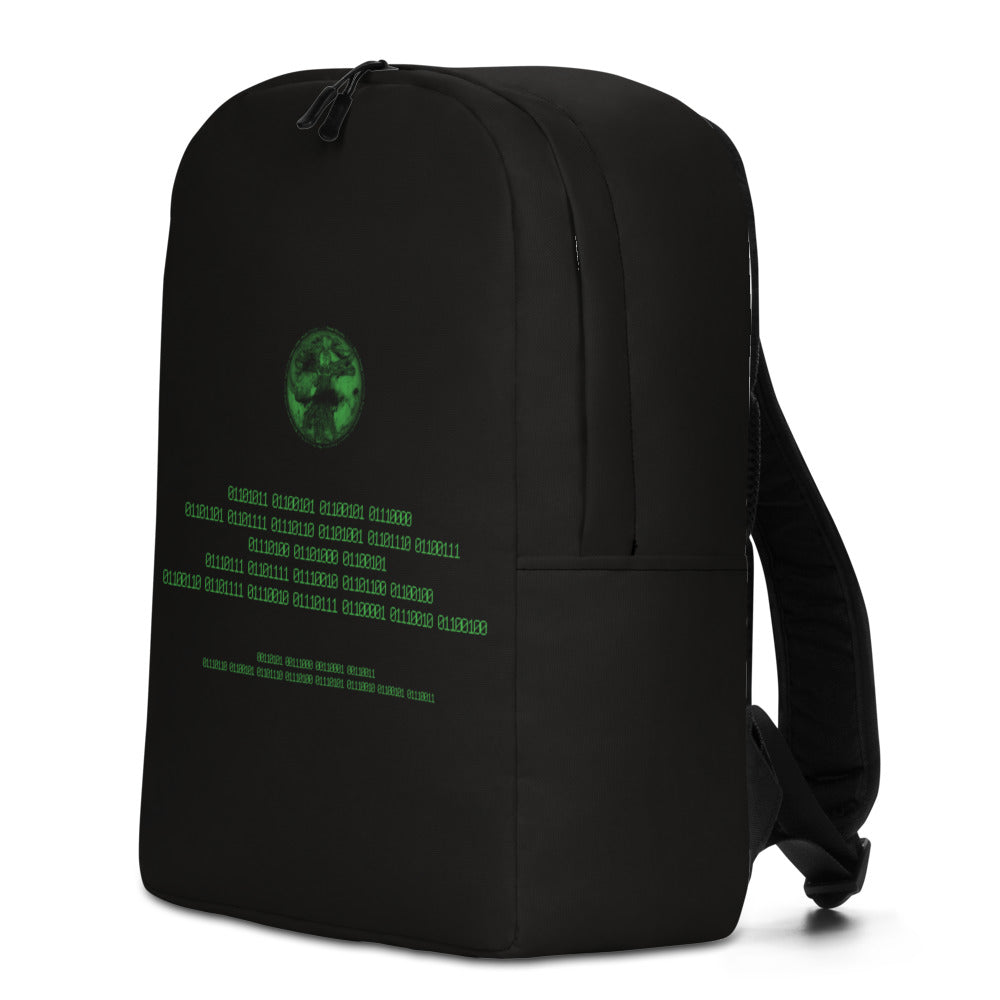 Binary Instructions To Keep Moving The World Forward With Vitruvian Earth In Green on Minimalist Backpack