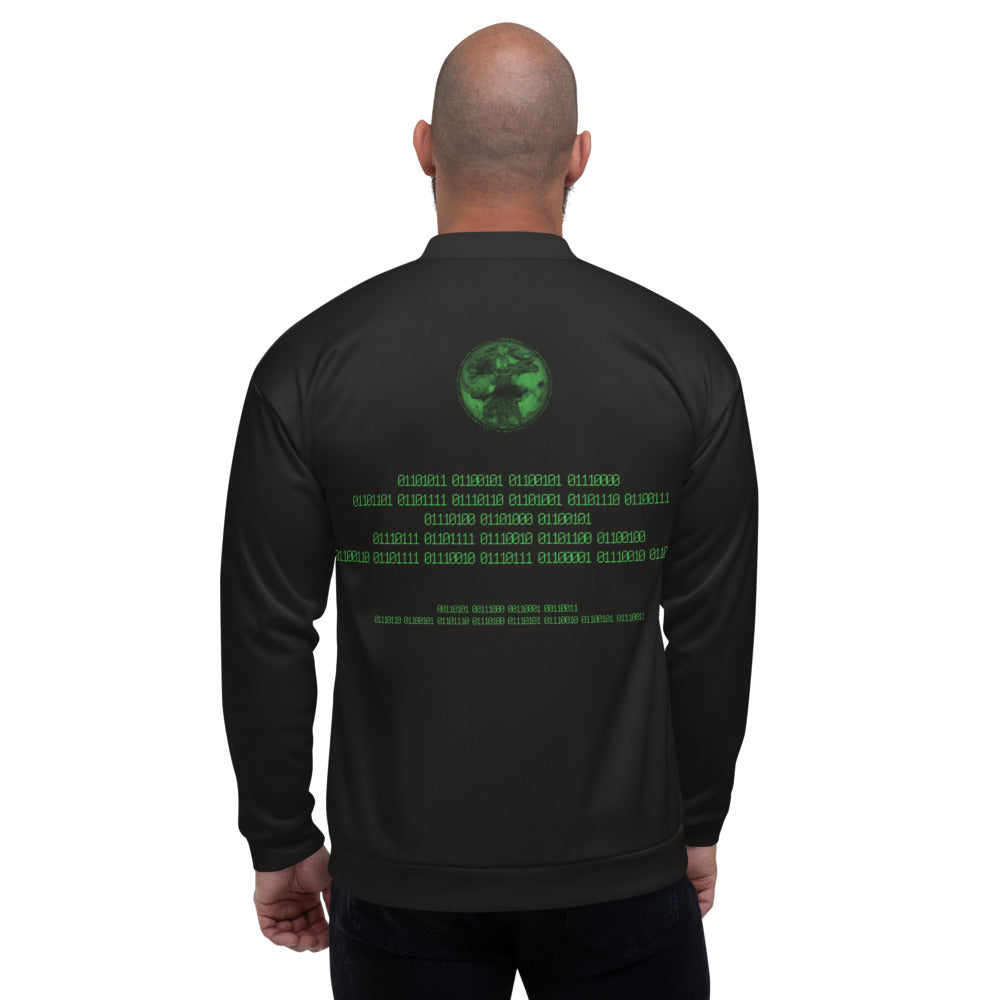Binary Instructions To Keep Moving The World Forward With Vitruvian Earth In Green on Bomber Jacket