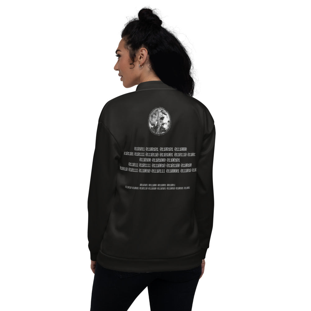 Binary Instructions To Keep Moving The World Forward With Venusian Earth In White on Bomber Jacket