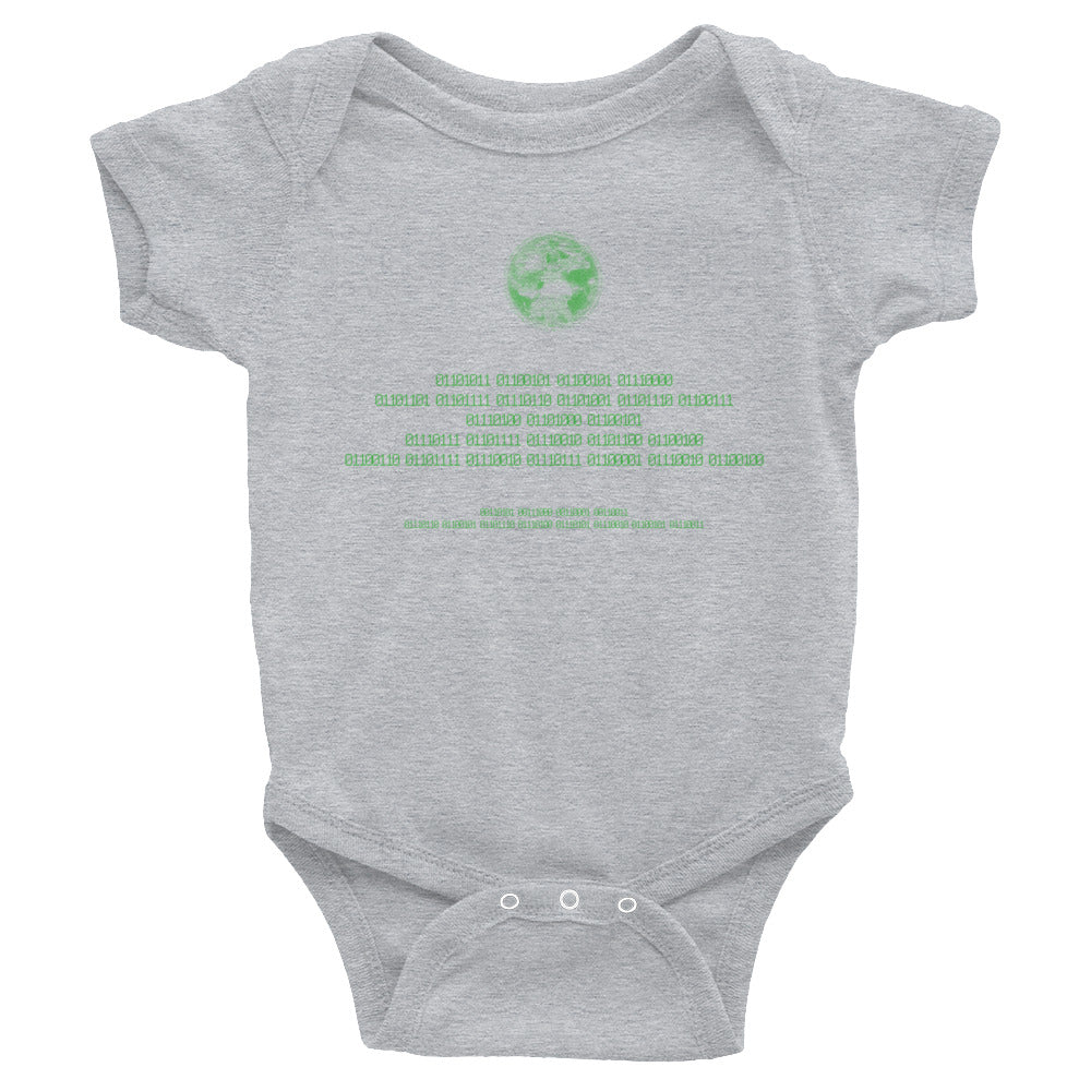 Binary Instructions To Keep Moving The World Forward With Vitruvian Earth In Green on Baby Short Sleeve Bodysuit