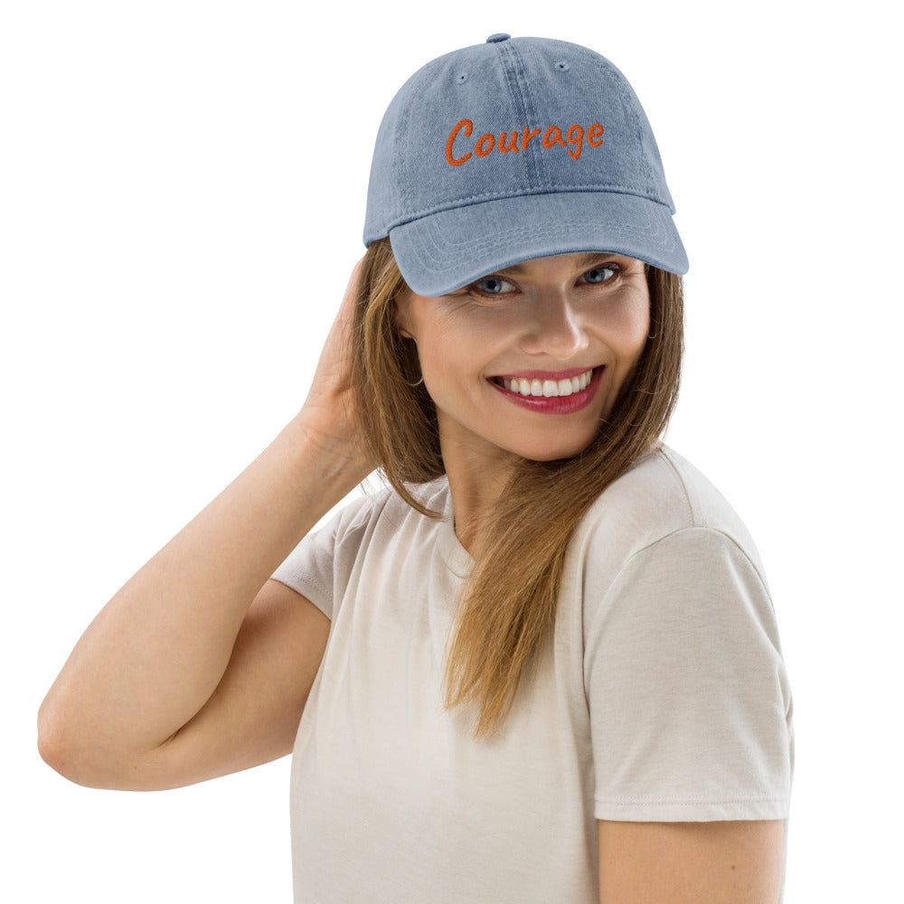 Courage In Amber Embroidery On Denim Baseball Cap