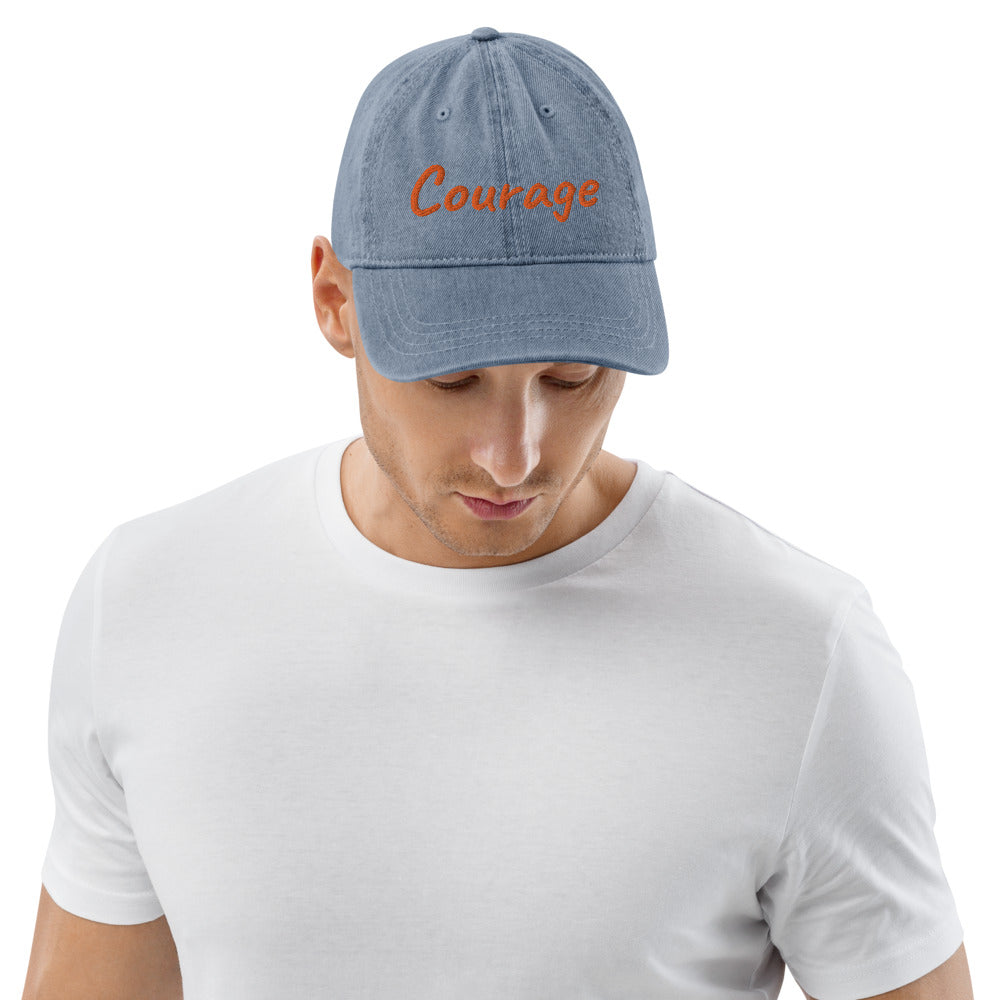Courage In Amber Embroidery On Denim Baseball Cap