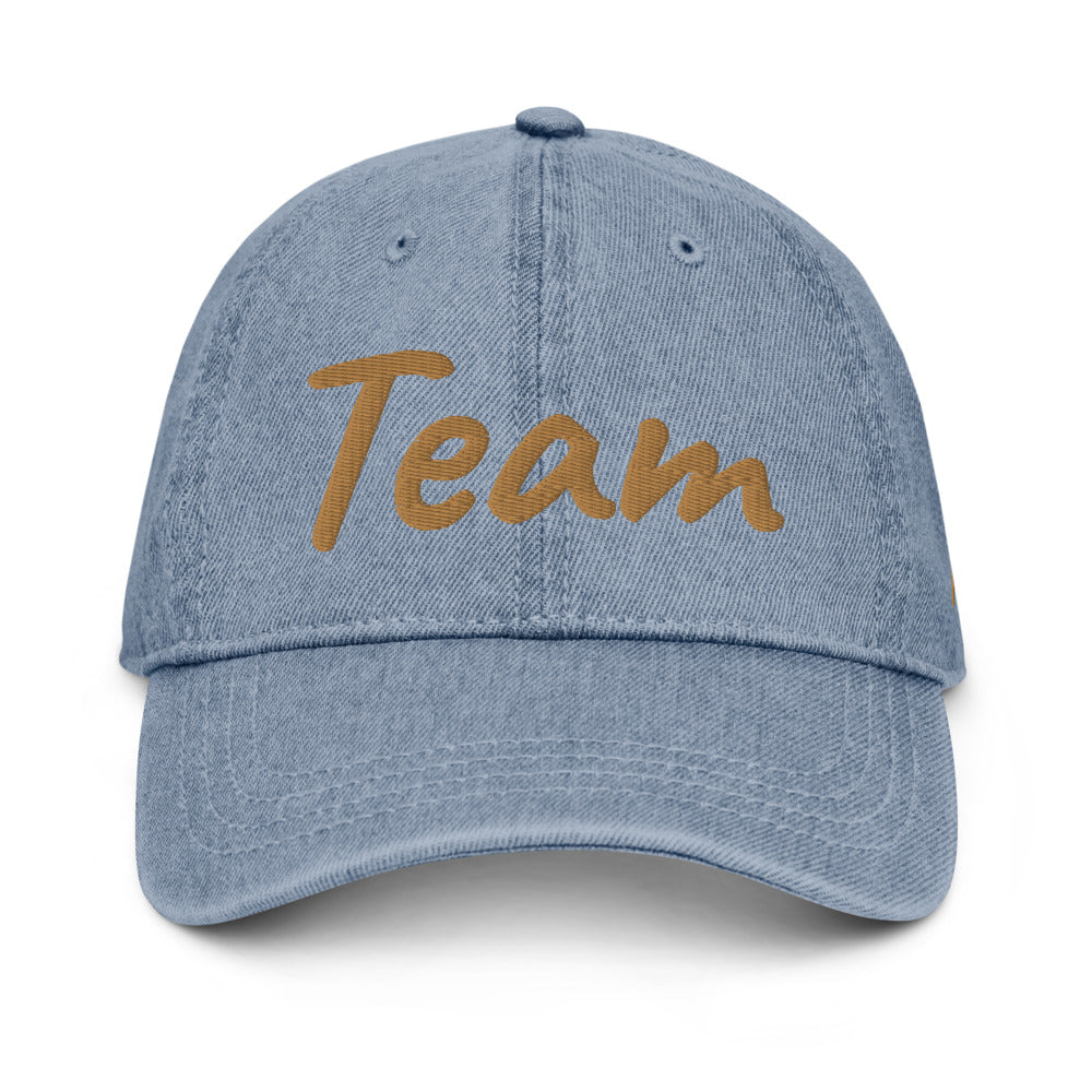 Team In Celluloid Embroidery On Denim Baseball Cap