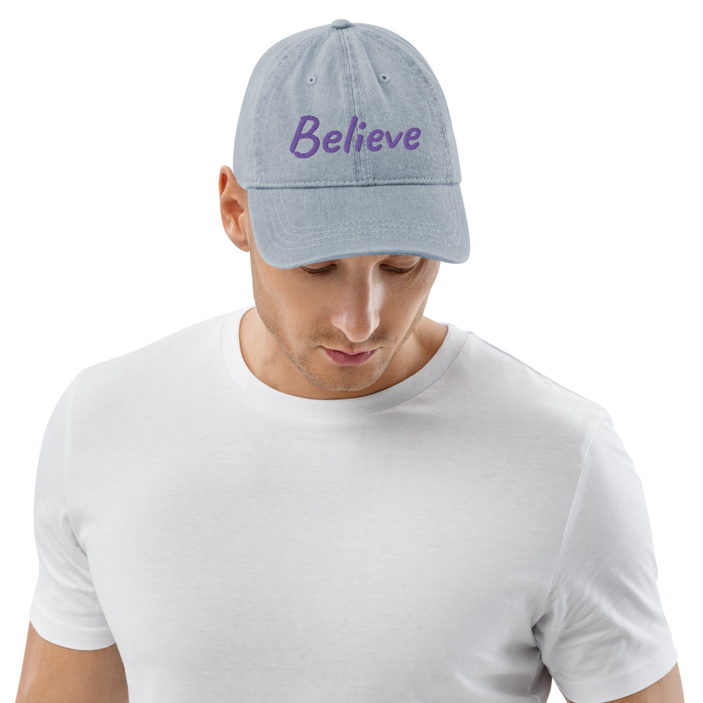 Believe In Amethyst Embroidery On Denim Baseball Cap