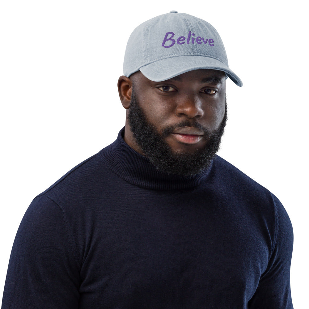 Believe In Amethyst Embroidery On Denim Baseball Cap