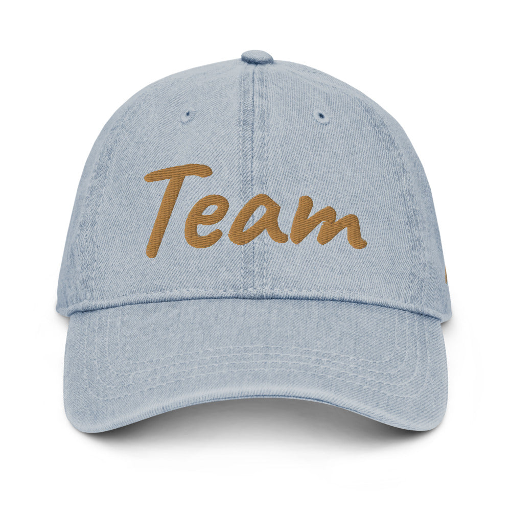 Team In Celluloid Embroidery On Denim Baseball Cap