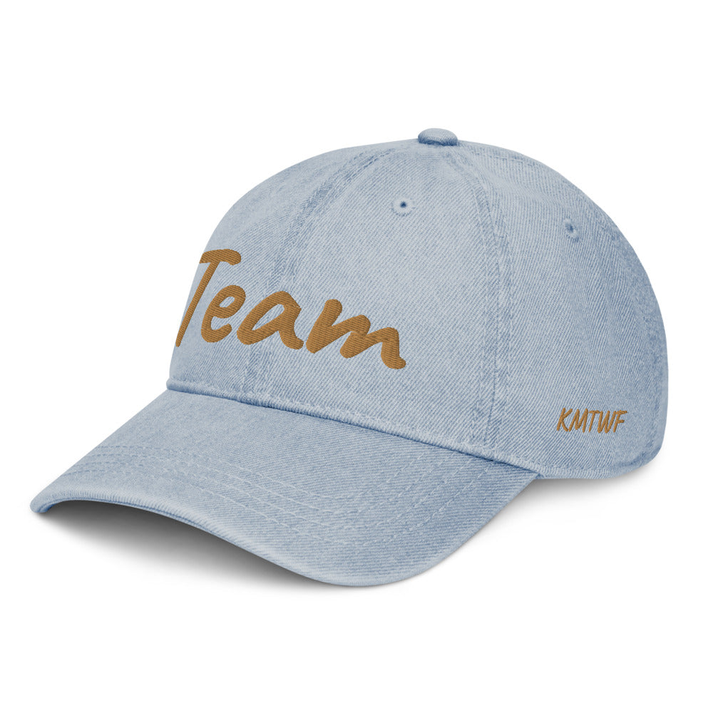 Team In Celluloid Embroidery On Denim Baseball Cap