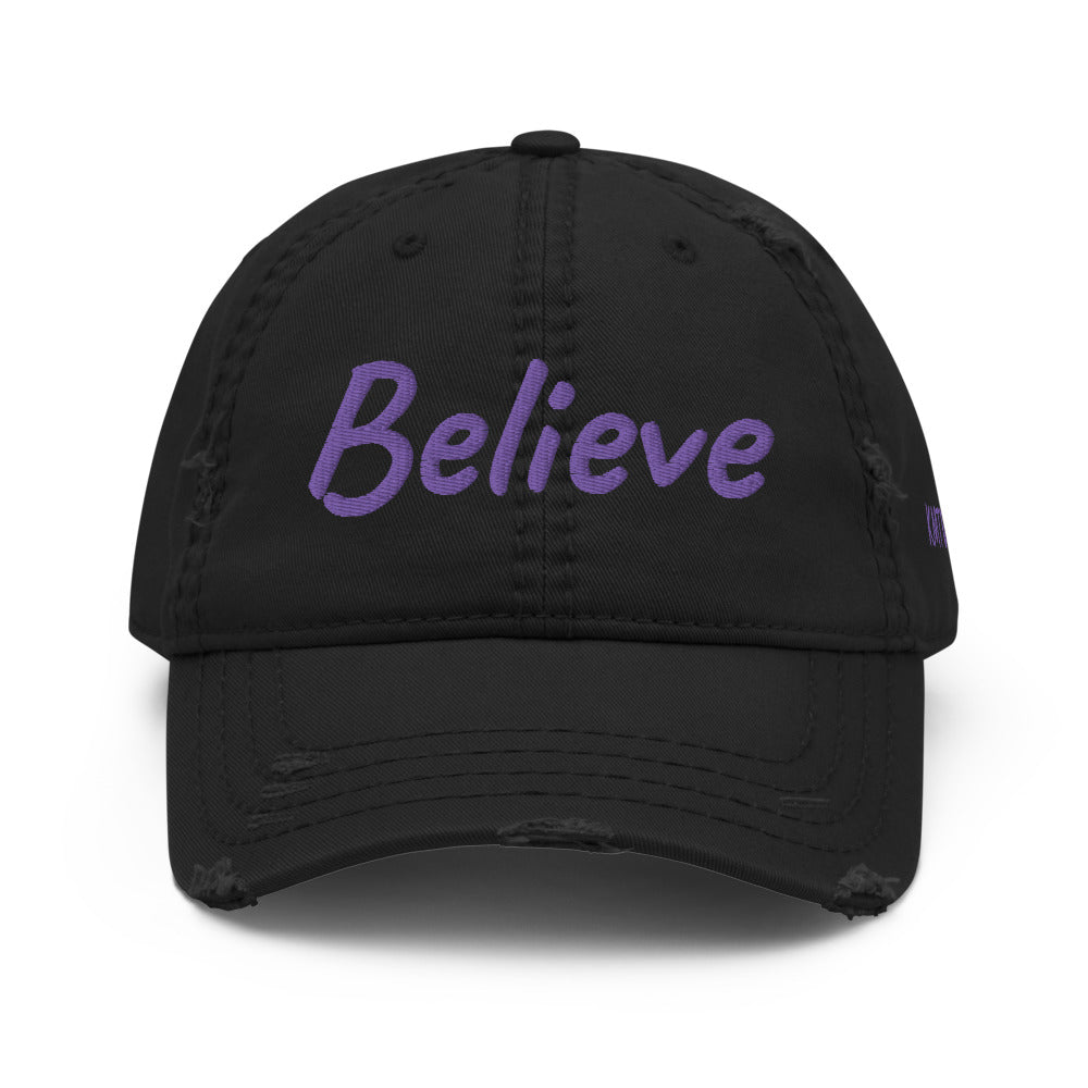 Believe In Amethyst Embroidery On Distressed Baseball Cap