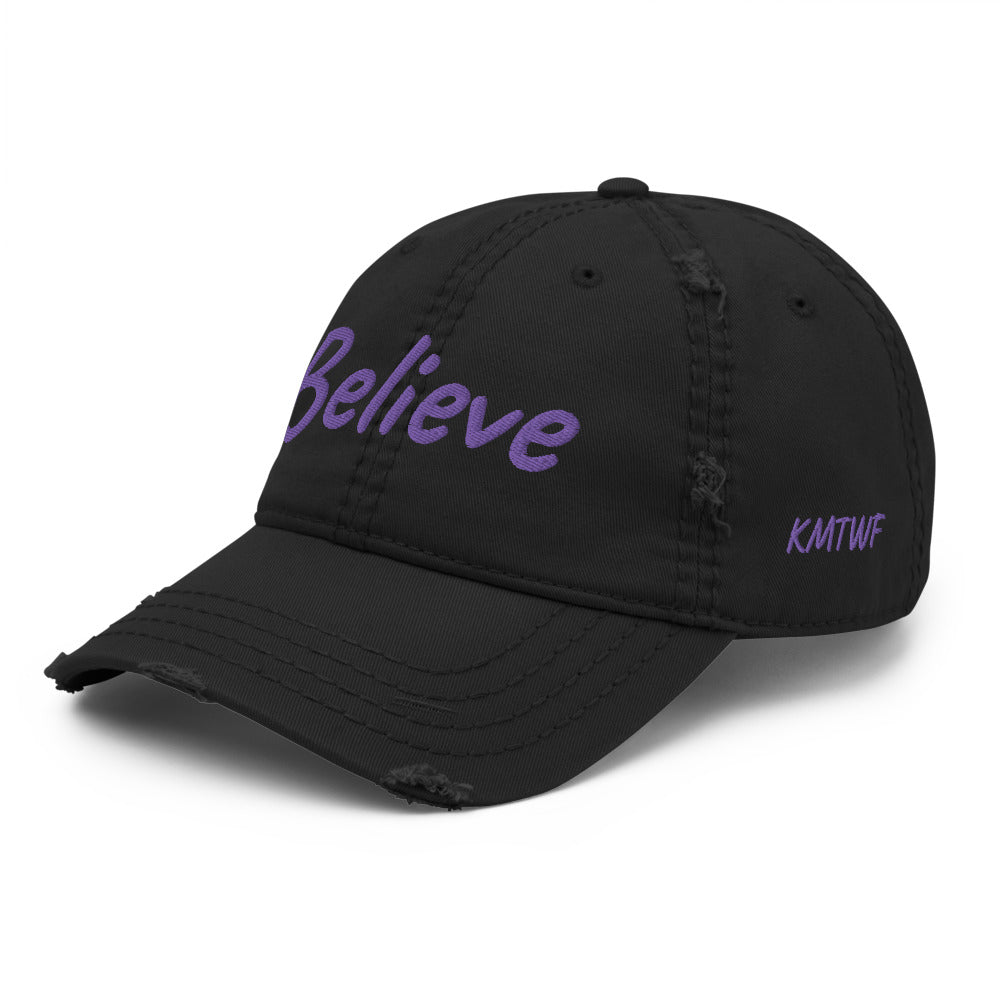 Believe In Amethyst Embroidery On Distressed Baseball Cap