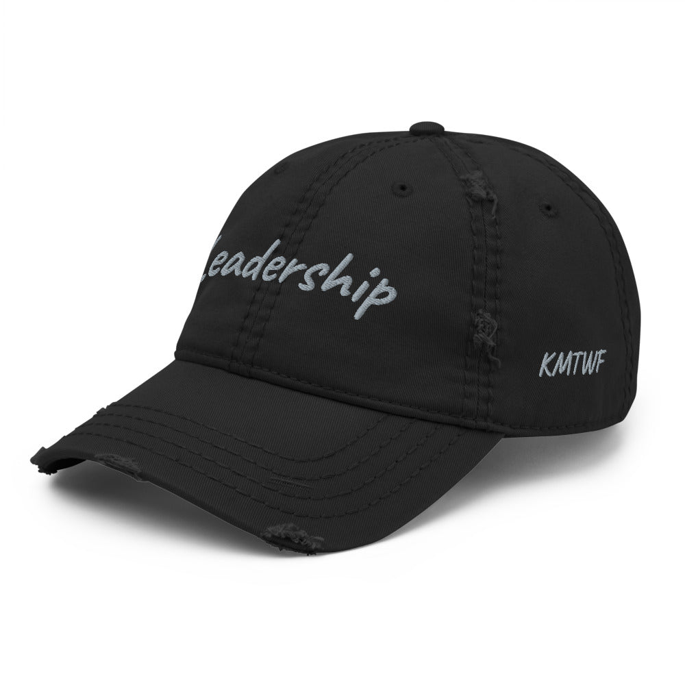 Leadership In Silver Embroidery On Distressed Baseball Cap