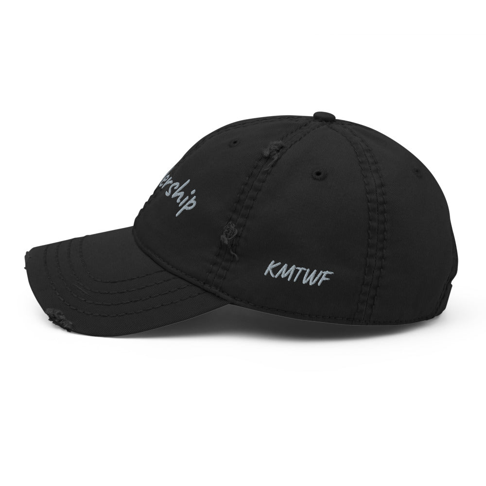Leadership In Silver Embroidery On Distressed Baseball Cap