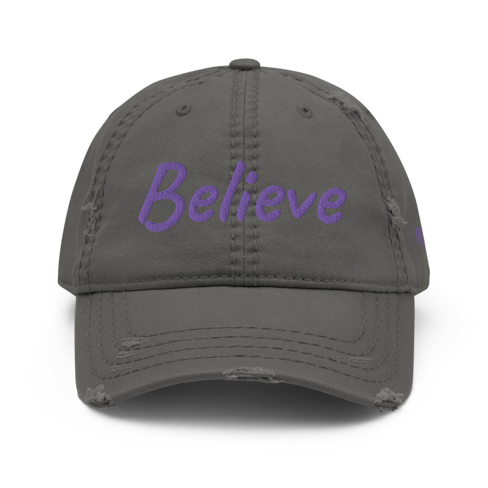Believe In Amethyst Embroidery On Distressed Baseball Cap