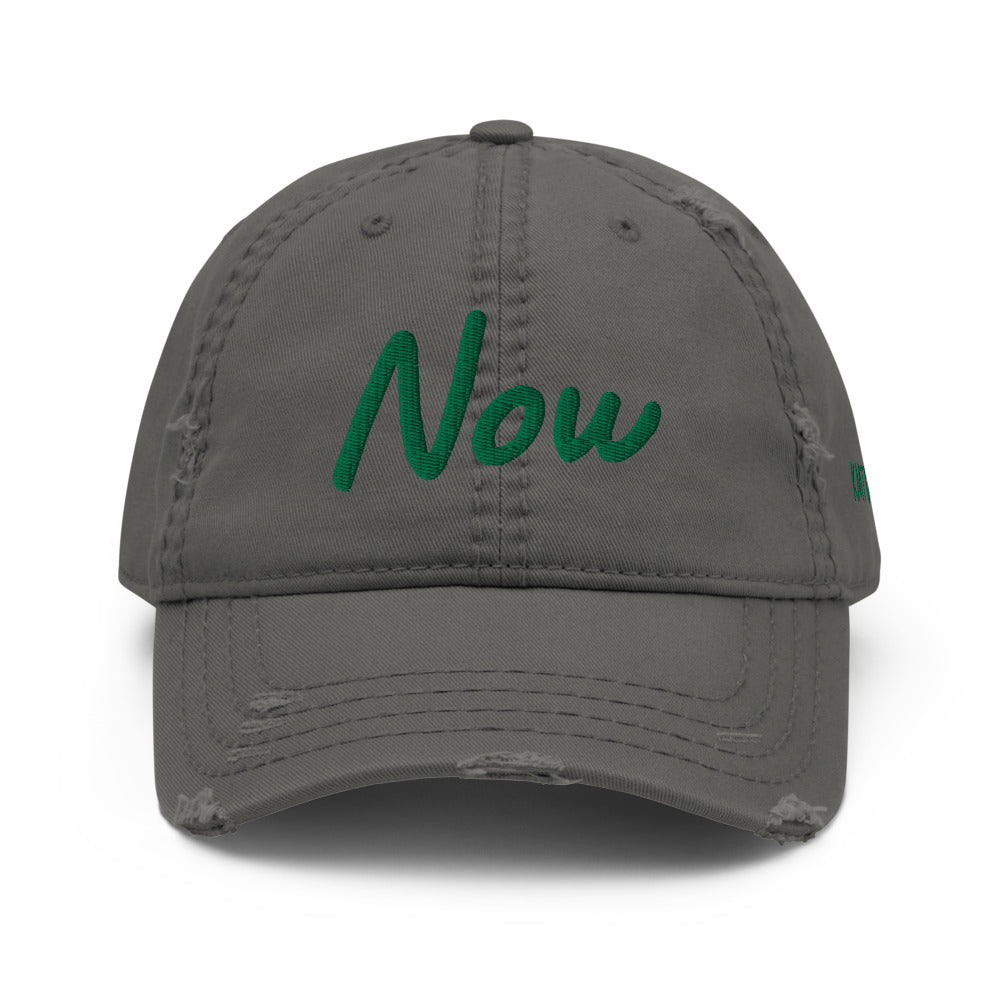 Now In Emerald Embroidery On Distressed Baseball Cap