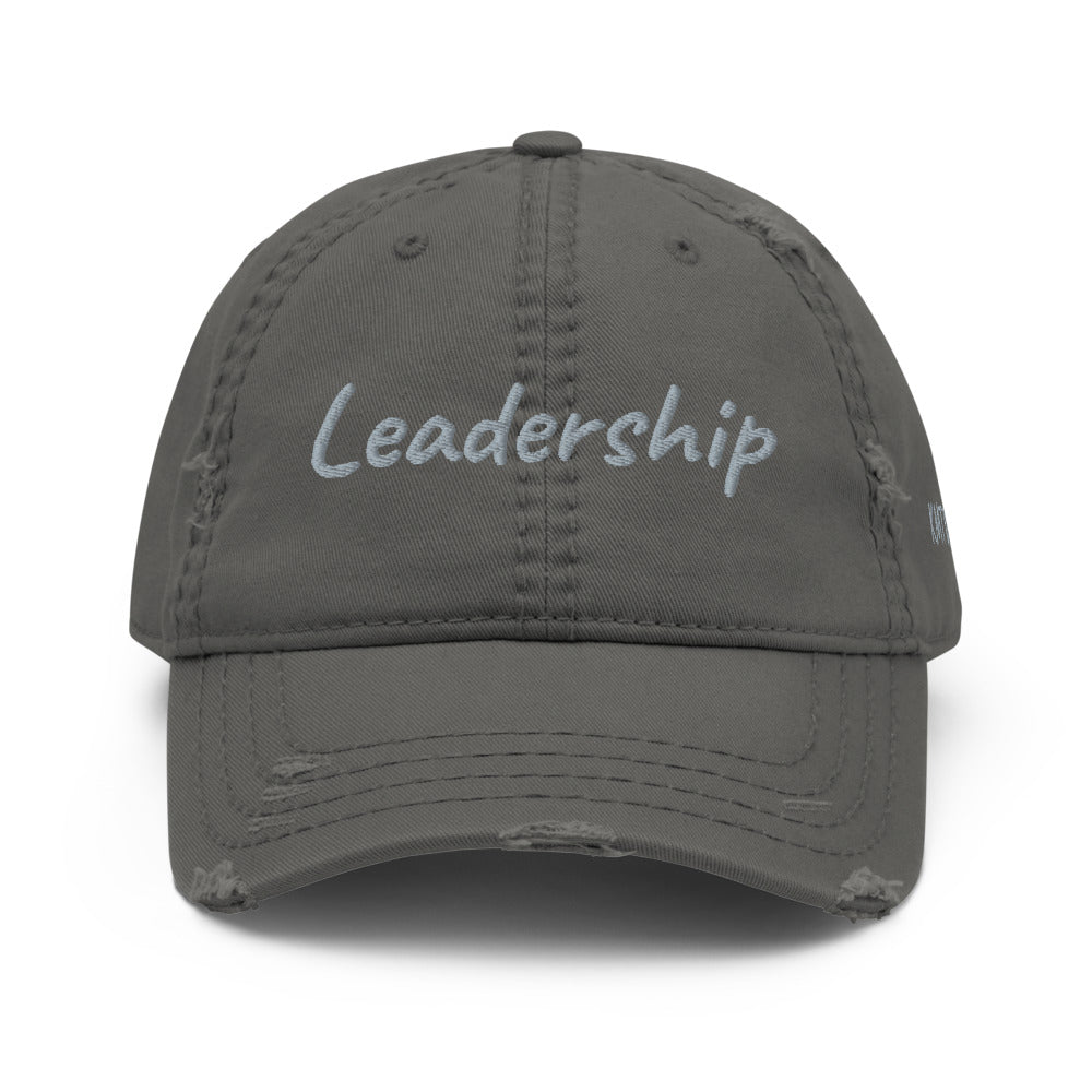 Leadership In Silver Embroidery On Distressed Baseball Cap