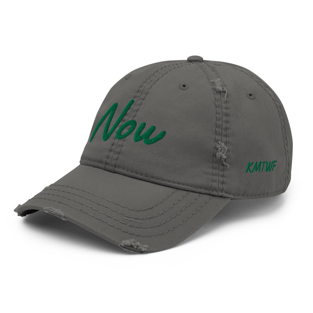 Now In Emerald Embroidery On Distressed Baseball Cap