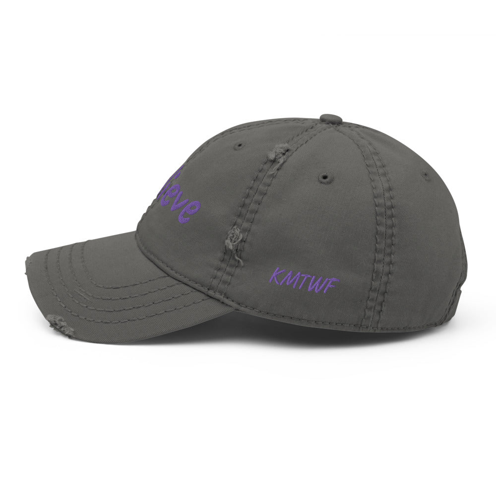 Believe In Amethyst Embroidery On Distressed Baseball Cap
