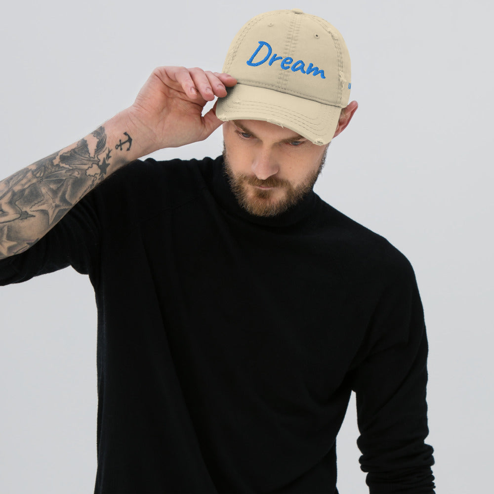 Dream In Sapphire Embroidery On Distressed Baseball Cap
