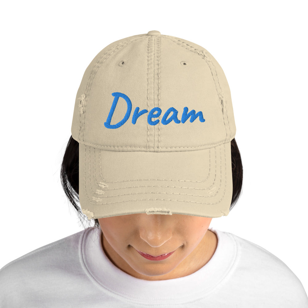 Dream In Sapphire Embroidery On Distressed Baseball Cap