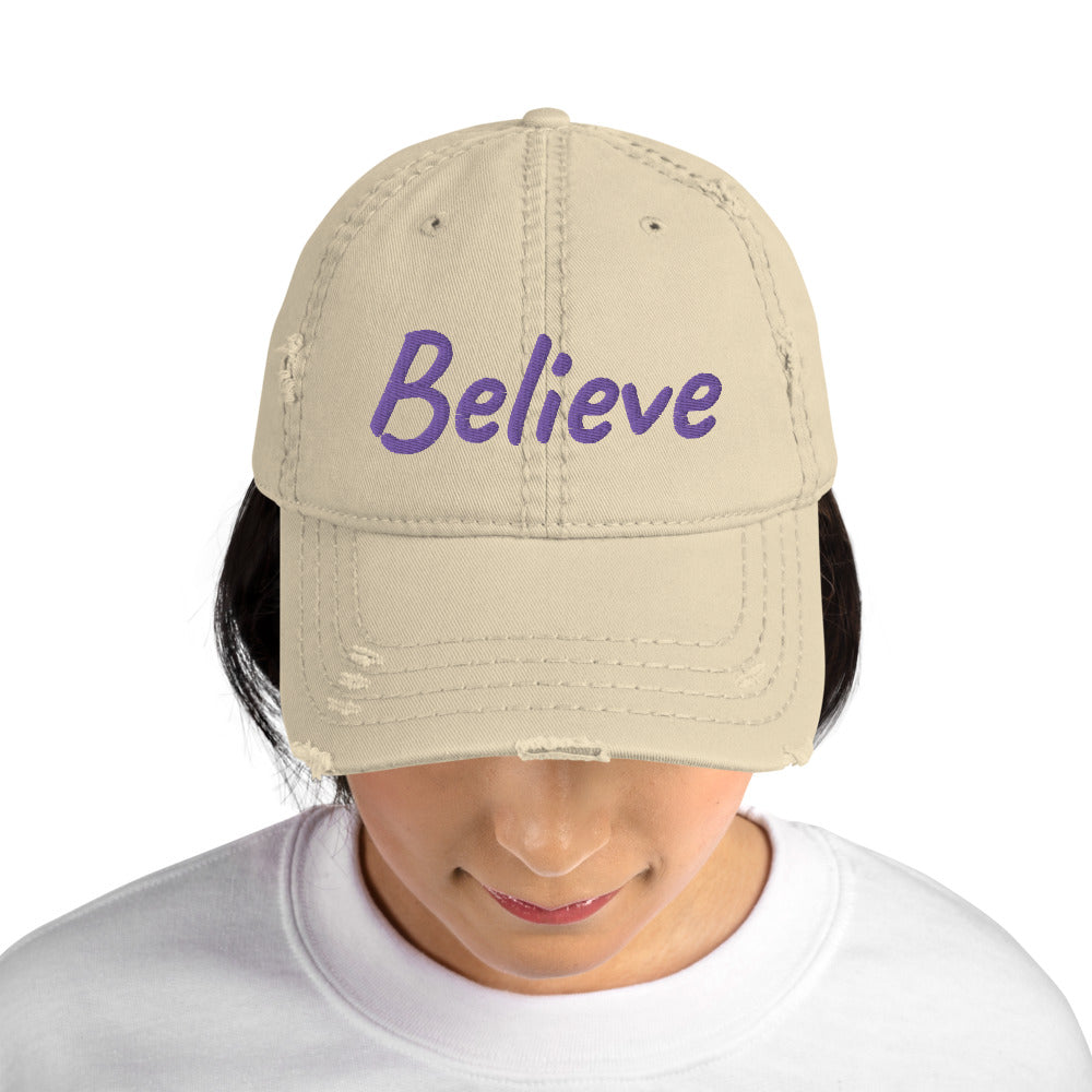 Believe In Amethyst Embroidery On Distressed Baseball Cap