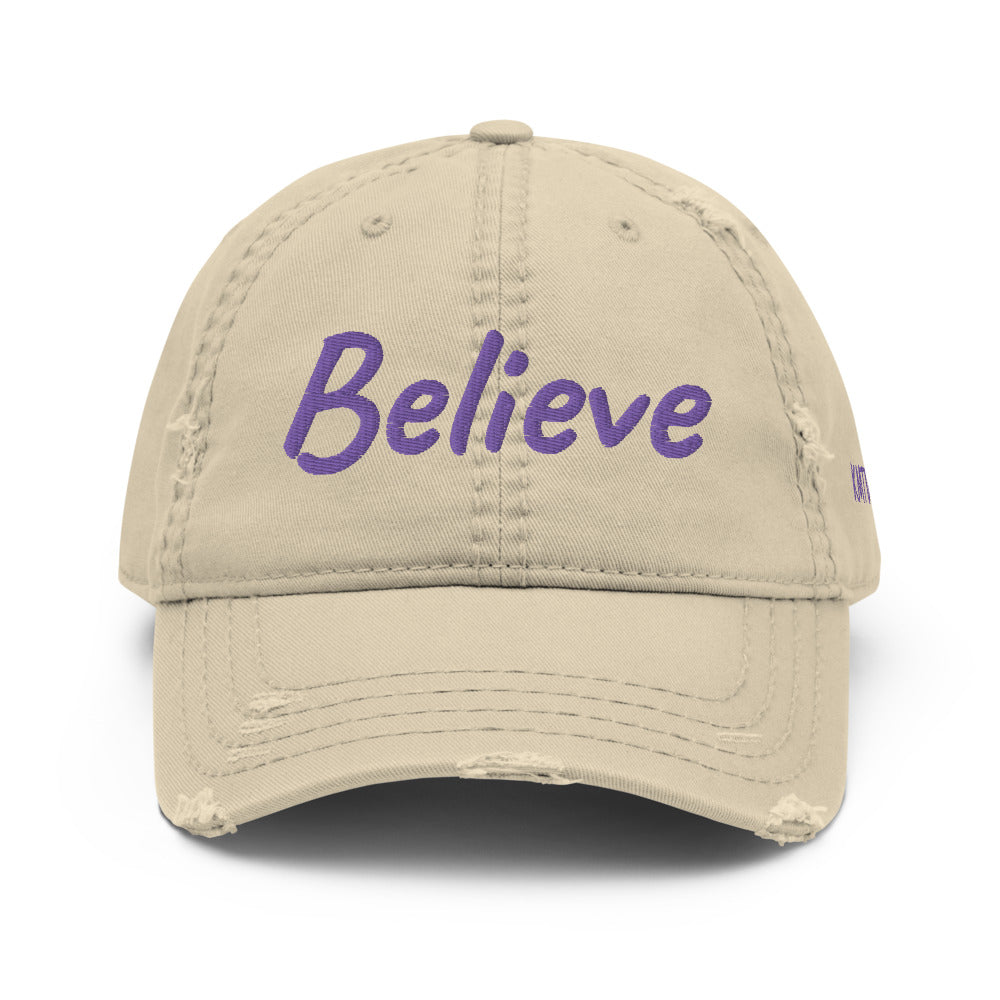 Believe In Amethyst Embroidery On Distressed Baseball Cap