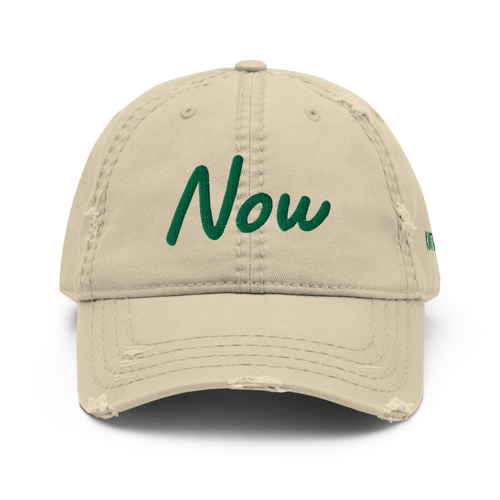 Now In Emerald Embroidery On Distressed Baseball Cap