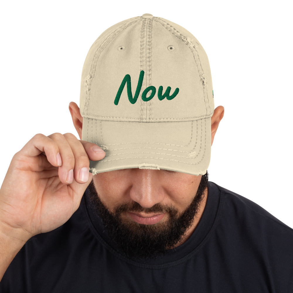 Now In Emerald Embroidery On Distressed Baseball Cap