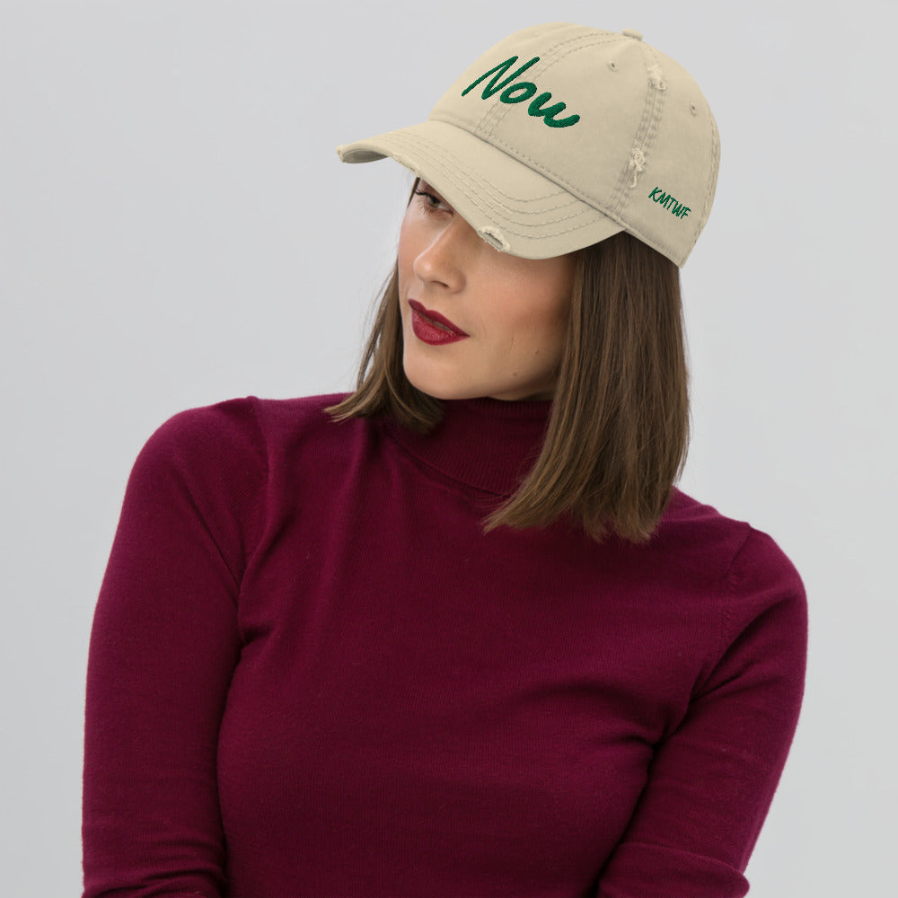 Now In Emerald Embroidery On Distressed Baseball Cap