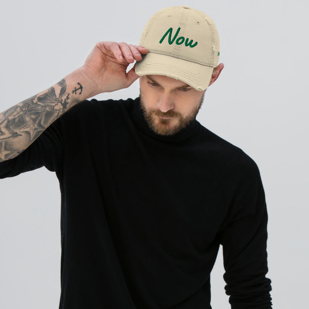 Now In Emerald Embroidery On Distressed Baseball Cap