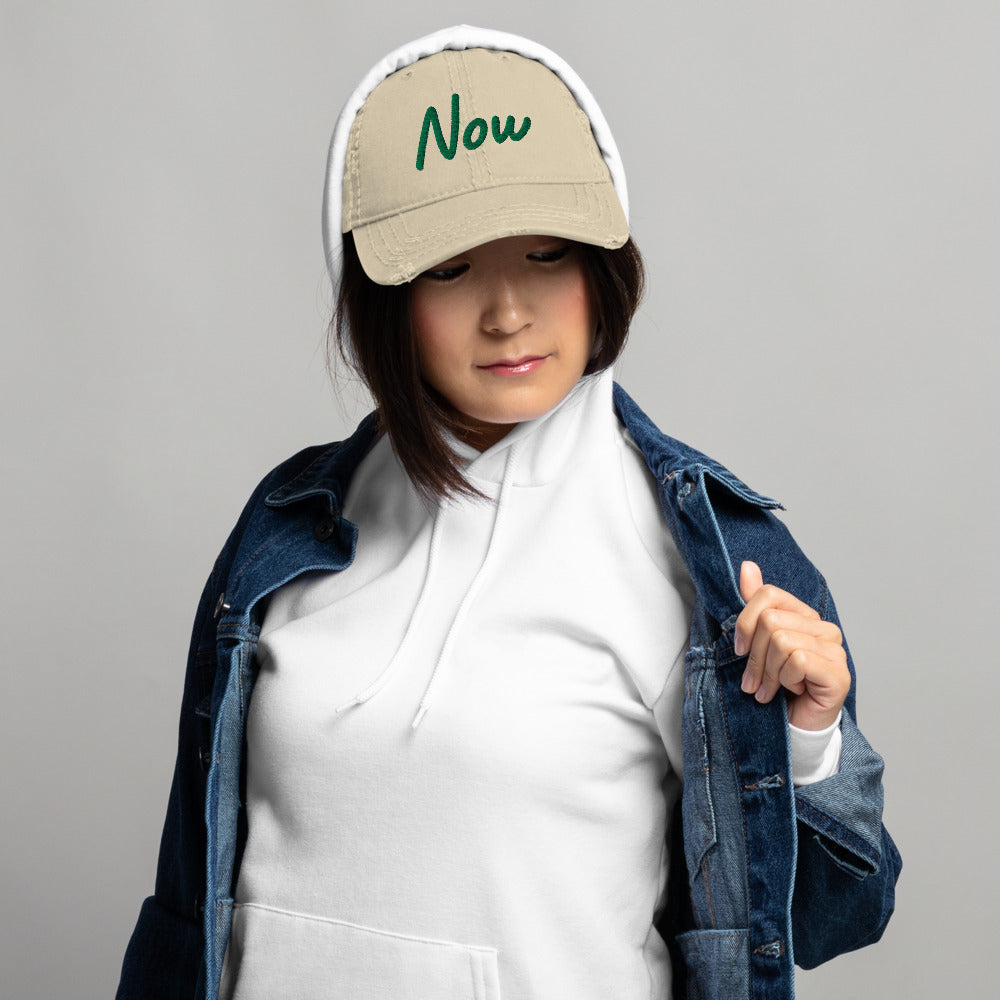 Now In Emerald Embroidery On Distressed Baseball Cap