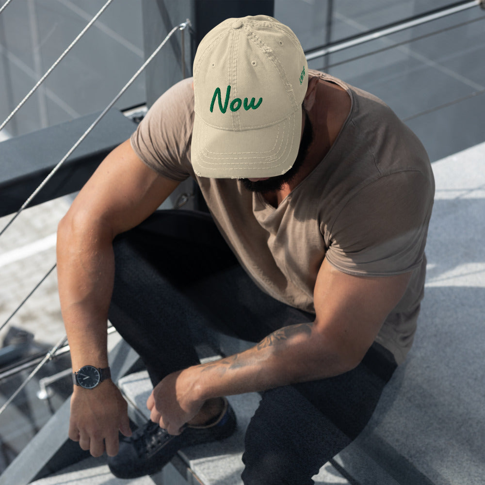 Now In Emerald Embroidery On Distressed Baseball Cap
