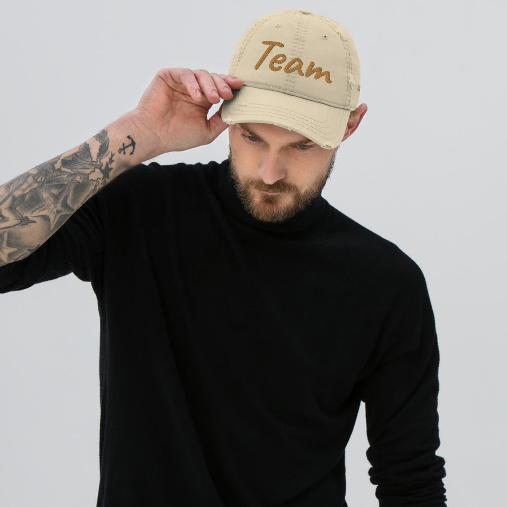 Team In Celluloid Embroidery On Distressed Baseball Cap