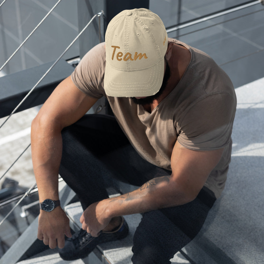 Team In Celluloid Embroidery On Distressed Baseball Cap