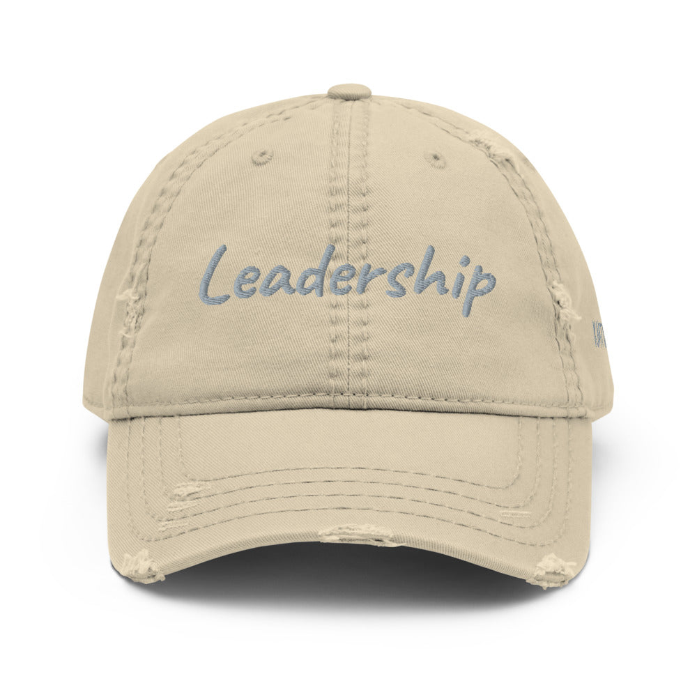 Leadership In Silver Embroidery On Distressed Baseball Cap