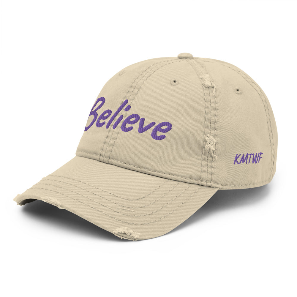 Believe In Amethyst Embroidery On Distressed Baseball Cap