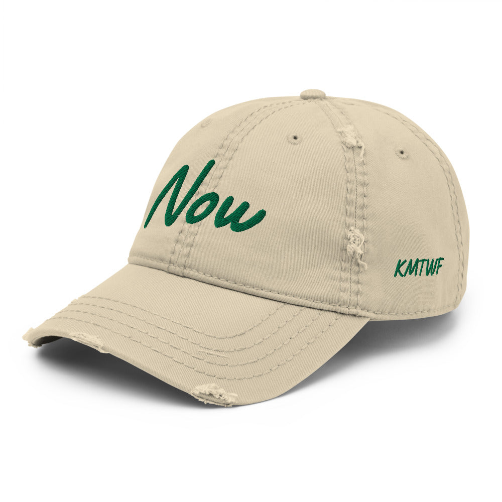 Now In Emerald Embroidery On Distressed Baseball Cap