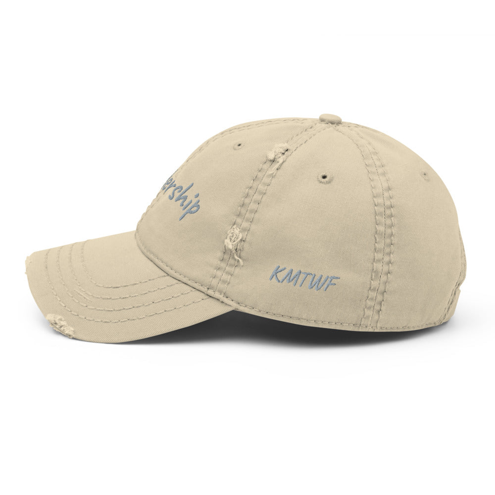 Leadership In Silver Embroidery On Distressed Baseball Cap