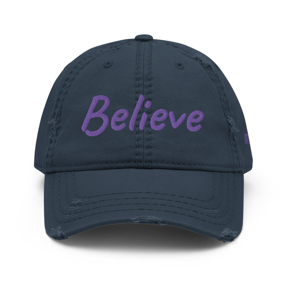 Believe In Amethyst Embroidery On Distressed Baseball Cap
