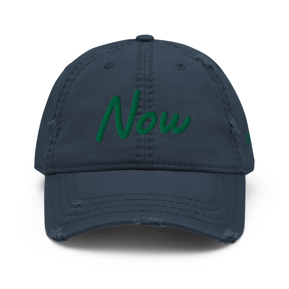 Now In Emerald Embroidery On Distressed Baseball Cap