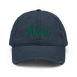 Now In Emerald Embroidery On Distressed Baseball Cap