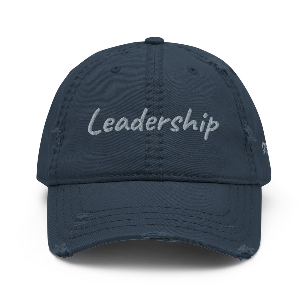 Leadership In Silver Embroidery On Distressed Baseball Cap