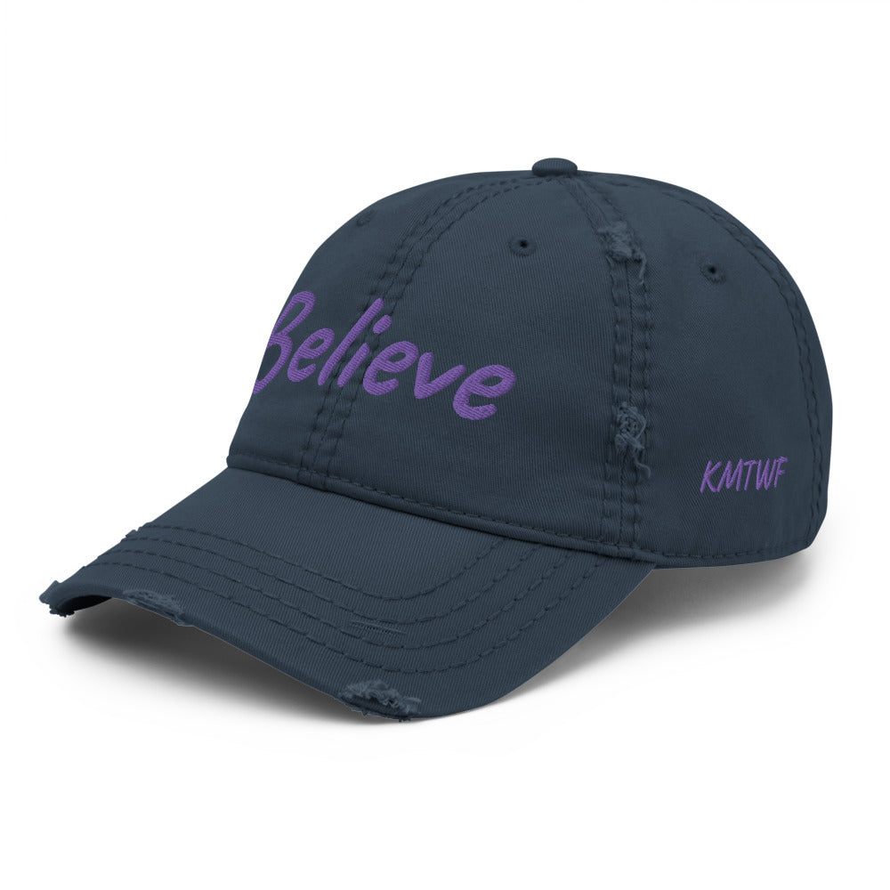 Believe In Amethyst Embroidery On Distressed Baseball Cap